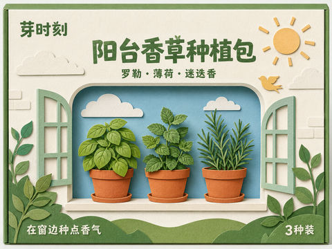 芽时刻阳台香草种植包纸雕风插画 - AI图片提示词示例