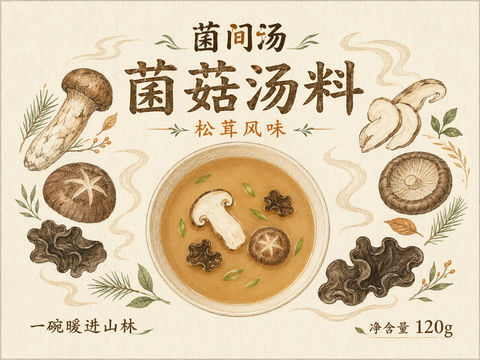 菌间汤松茸菌菇汤料包装插画设计 - AI图片提示词示例