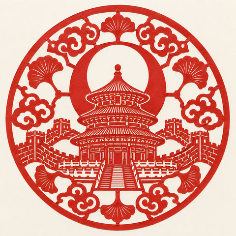 北京中秋天坛长城朱红剪影窗花 - AI图片提示词示例