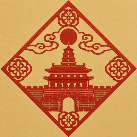 西安中秋古韵永宁门菱形窗花剪纸 - AI图片提示词示例