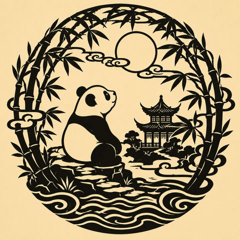 蜀韵中秋竹林熊猫剪纸窗花 - AI图片提示词示例