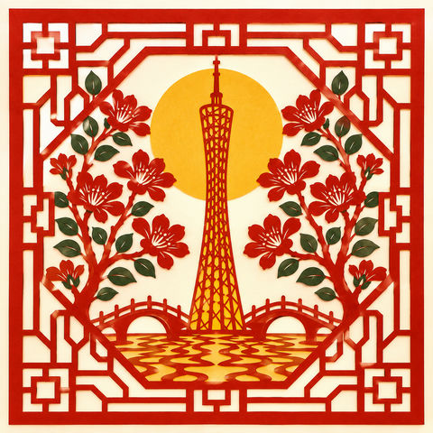 岭南满洲窗剪纸广州塔中秋圆月 - AI图片提示词示例