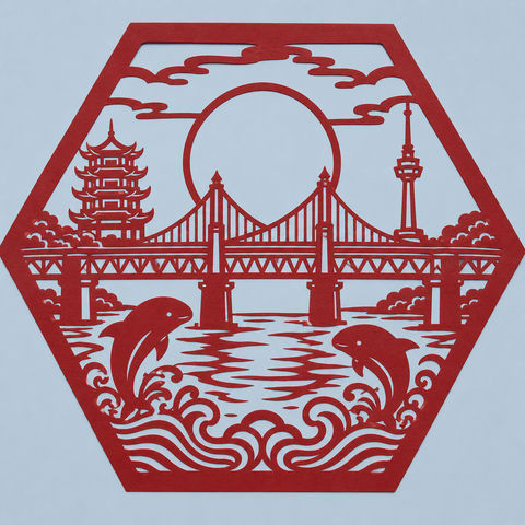武汉中秋长江大桥剪纸窗花艺术 - AI图片提示词示例