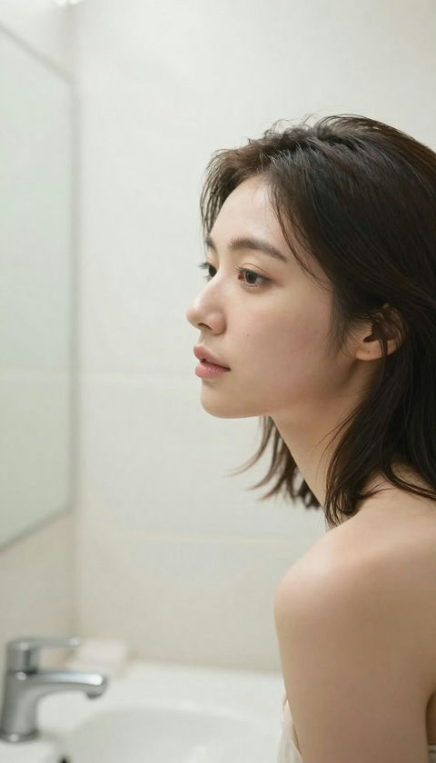 荒木经惟风格日韩女性浴室侧脸人像 - AI图片提示词示例