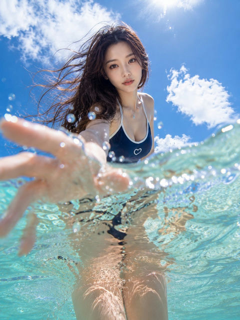 超写实电影风格热带海滩东亚女性肖像 - AI图片提示词示例