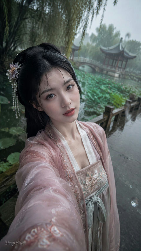 极致写实暴雨荷塘汉服女子手机自拍 - AI图片提示词示例