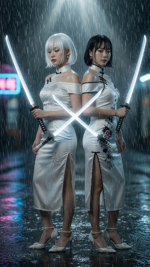 大雨中持发光武士刀的旗袍东亚女性 - AI图片提示词示例