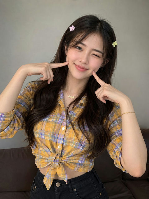 治愈系酒窝笑容东亚少女写真 - AI图片提示词示例