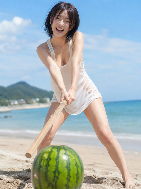 海滩劈西瓜的大笑少女 - AI图片提示词示例
