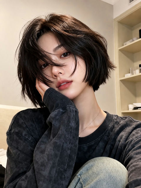 东亚年轻女性室内自拍写实人像 - AI图片提示词示例
