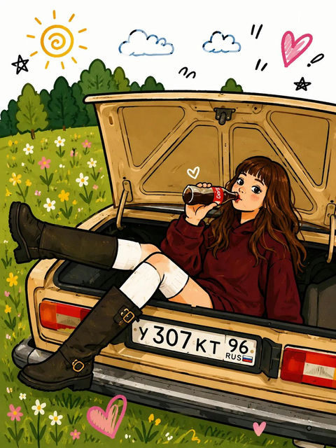 复古苏联轿车后备箱女性人像摄影 - AI图片提示词示例