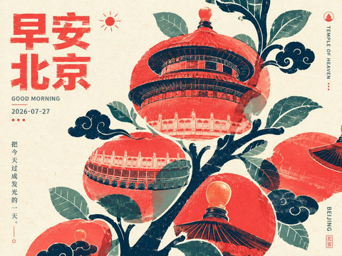 手工印刷感北京天坛早安海报 - AI图片提示词示例