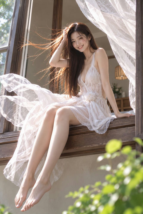别墅窗台上的优雅东亚女性超写实肖像 - AI图片提示词示例
