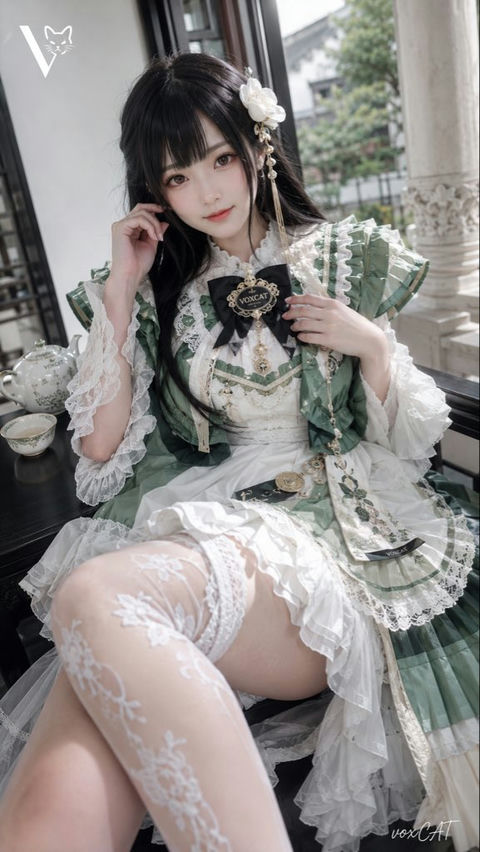 绿白洛丽塔日系清透少女真人摄影 - AI图片提示词示例