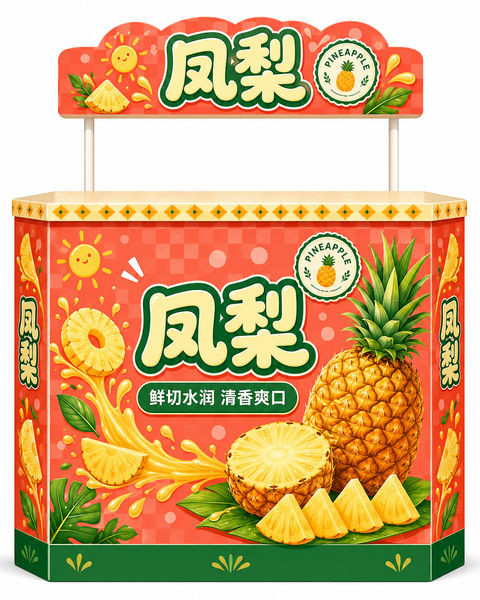 活力珊瑚红凤梨主题试吃推广台设计 - AI图片提示词示例