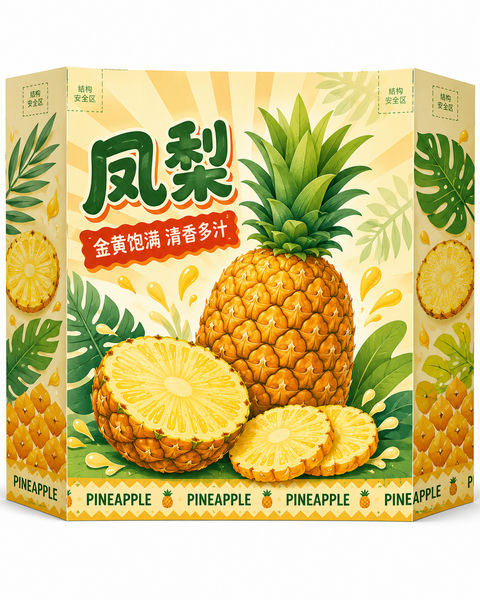 凤梨主题商超堆头箱Q版剪纸插画设计 - AI图片提示词示例