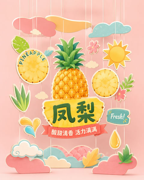 Q版凤梨主题多层悬挂装饰移动装置 - AI图片提示词示例