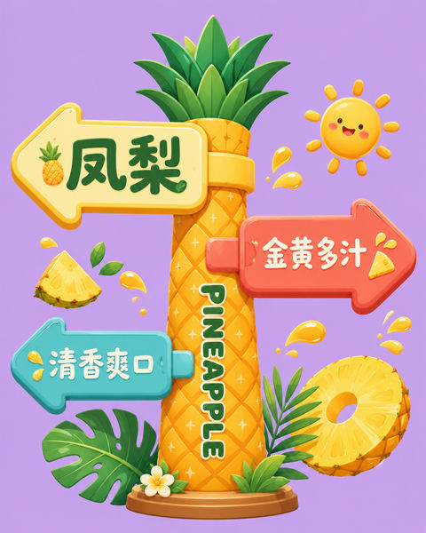梦幻凤梨乐园多向导视路牌设计 - AI图片提示词示例