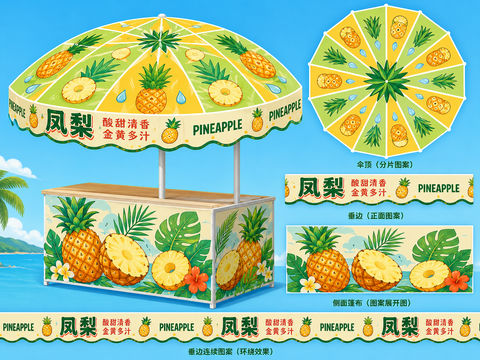 凤梨主题户外遮阳伞与摊位篷布矢量图案设计 - AI图片提示词示例
