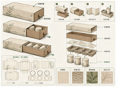 可持续手工茶礼盒包装结构与工艺研究手稿 - AI图片提示词示例