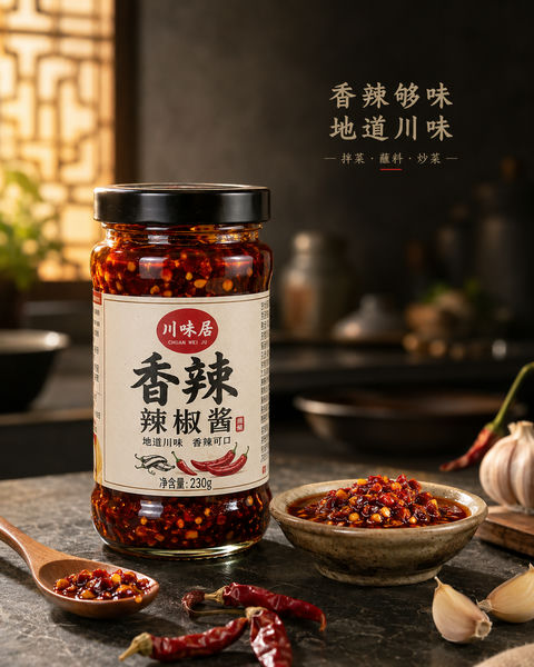中式高级电商摄影：香辣辣椒酱广告大片 - AI图片提示词示例