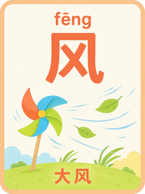 暖色调儿童识字卡：汉字“风”的自然启蒙 - AI图片提示词示例