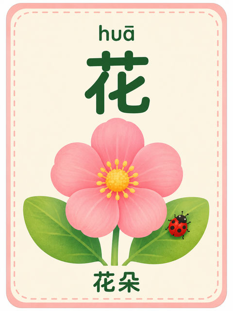 唯美清新儿童识字卡：粉嫩花朵与可爱瓢虫 - AI图片提示词示例