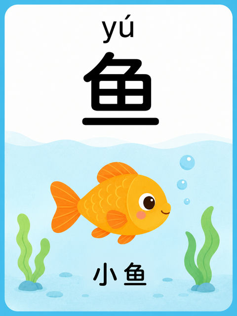 简约清新橙黄小鱼儿童中文识字卡片 - AI图片提示词示例