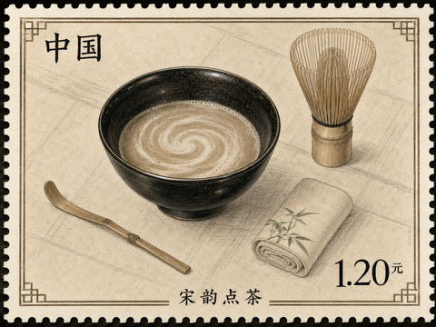 墨韵茶香宋代点茶原创纪念邮票 - AI图片提示词示例