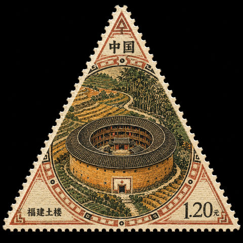 极简木刻版画风福建土楼三角形特种邮票 - AI图片提示词示例