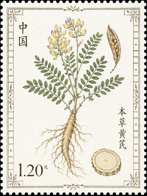 典藏本草系列黄芪主题纪念邮票 - AI图片提示词示例