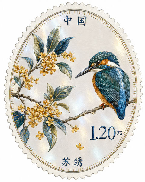 苏绣韵味：桂花翠鸟椭圆特种邮票 - AI图片提示词示例