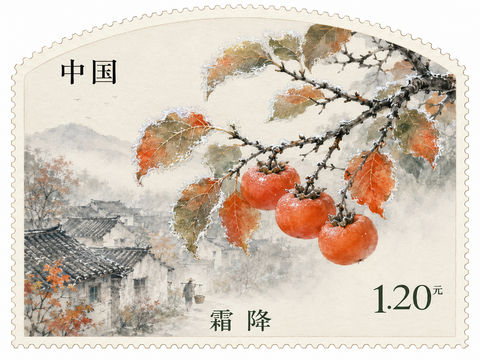 霜降柿红：中国二十四节气系列原创拱顶邮票 - AI图片提示词示例