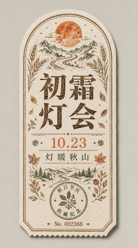 绝美初霜灯会活版印刷风秋日艺术门票 - AI图片提示词示例