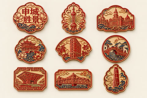 申城胜景：朱红哑金上海名胜剪纸冰箱贴 - AI图片提示词示例