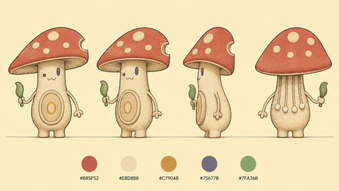 羞怯蘑菇鼓手菌鼓咚原创角色设定页 - AI图片提示词示例