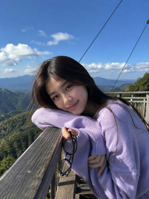 唯美山景东亚女性慵懒针织衫人像 - AI图片提示词示例