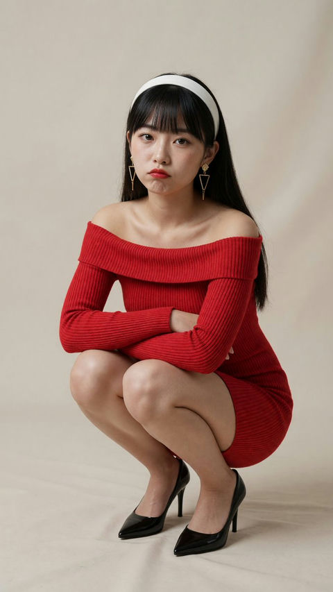 红色针织裙蹲姿东亚美女 - AI图片提示词示例