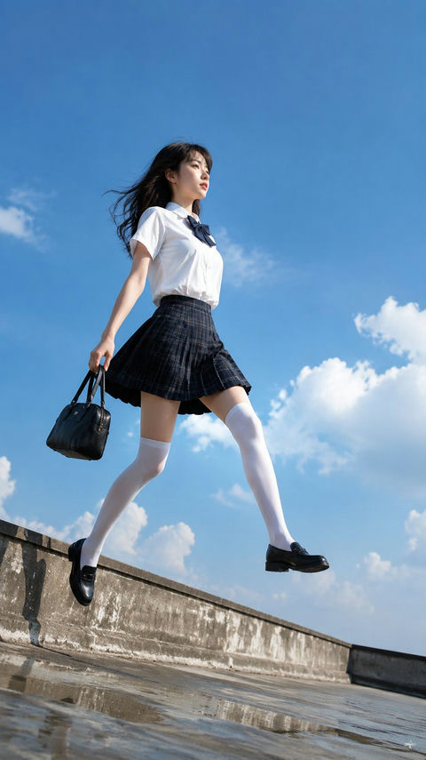 户外低视角失重感东亚少女写真 - AI图片提示词示例