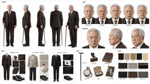 中国现代豪门短剧老董事长人物设定板 - AI图片提示词示例
