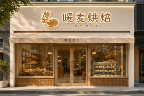 暖麦烘焙社区店：奶油色调与焦糖瓷砖的温馨门头设计 - AI图片提示词示例