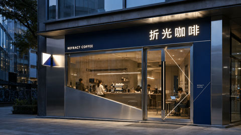 折光咖啡厅现代简约实验风格门头设计 - AI图片提示词示例