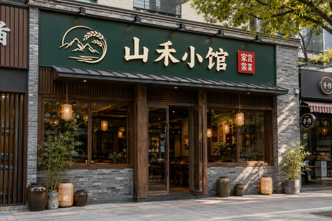 现代中式山禾小馆质朴温馨社区餐厅门头 - AI图片提示词示例