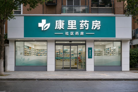 康里药房社区店极简门头视觉设计方案 - AI图片提示词示例