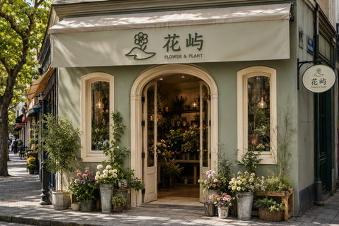 浪漫轻法式花屿鲜花店治愈系街角设计 - AI图片提示词示例