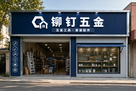 现代工业风社区五金店门头设计 - AI图片提示词示例