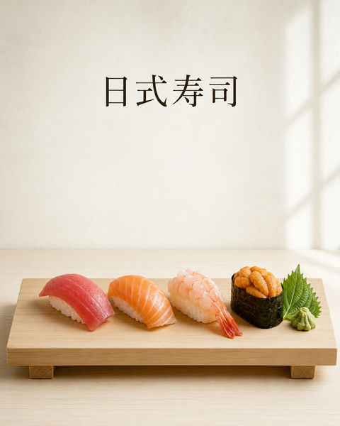 极简日式和食：桧木托盘上的寿司盛宴 - AI图片提示词示例