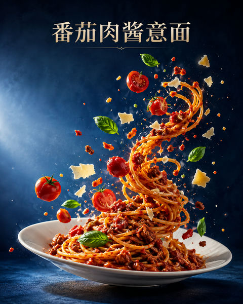 超现实悬浮番茄肉酱意面艺术海报 - AI图片提示词示例