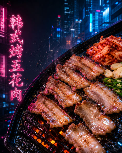 赛博霓虹幻彩韩式烤五花肉潮酷海报 - AI图片提示词示例