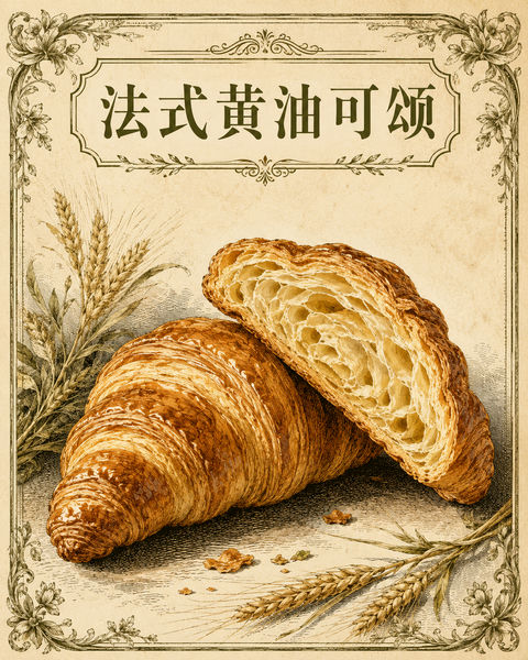 十九世纪铜版画风法式黄油可颂海报 - AI图片提示词示例